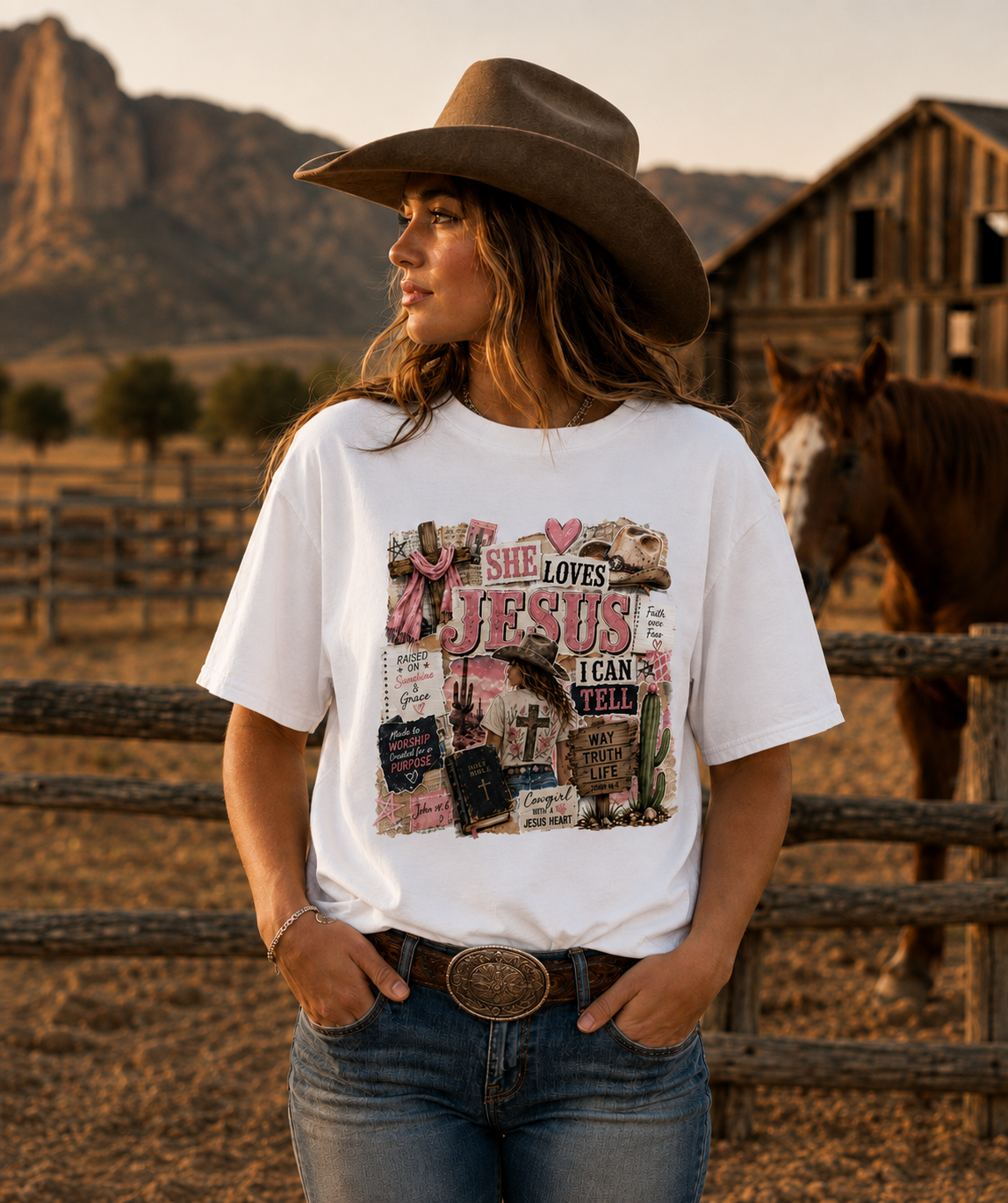 Jesus Loves Her Graphic Tee — Christian Faith Vintage Collage T-Shirt
