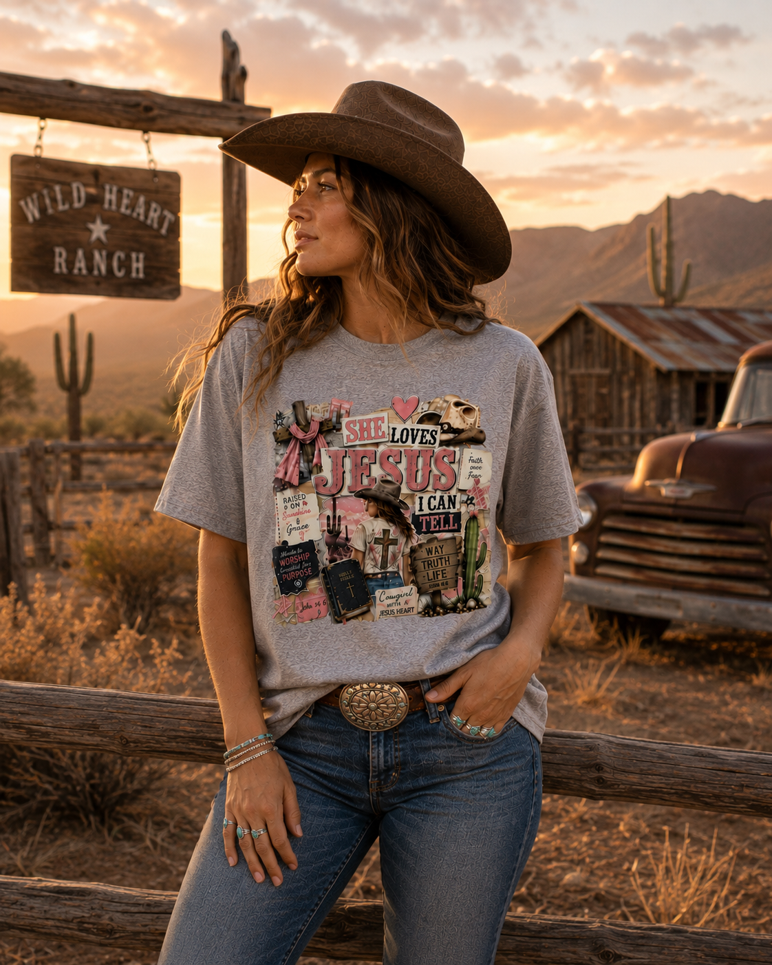 Jesus Loves Her Graphic Tee — Christian Faith Vintage Collage T-Shirt