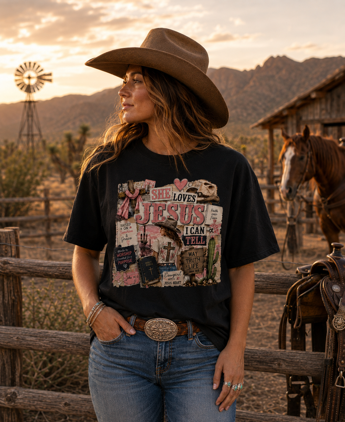 Jesus Loves Her Graphic Tee — Christian Faith Vintage Collage T-Shirt