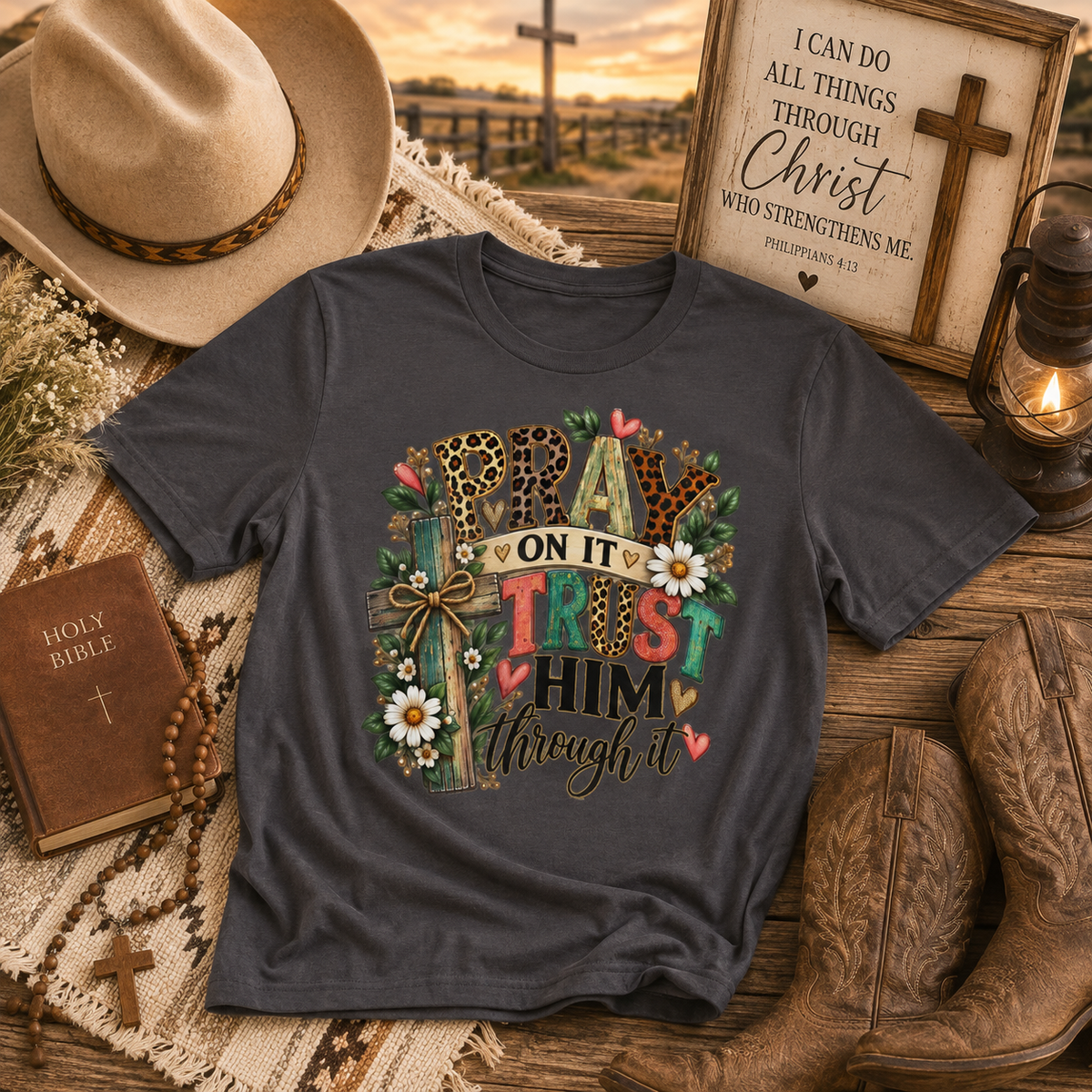 Prayer Cross Tee — "Pray On It, Trust Him Through It" Inspirational Christian T-Shirt