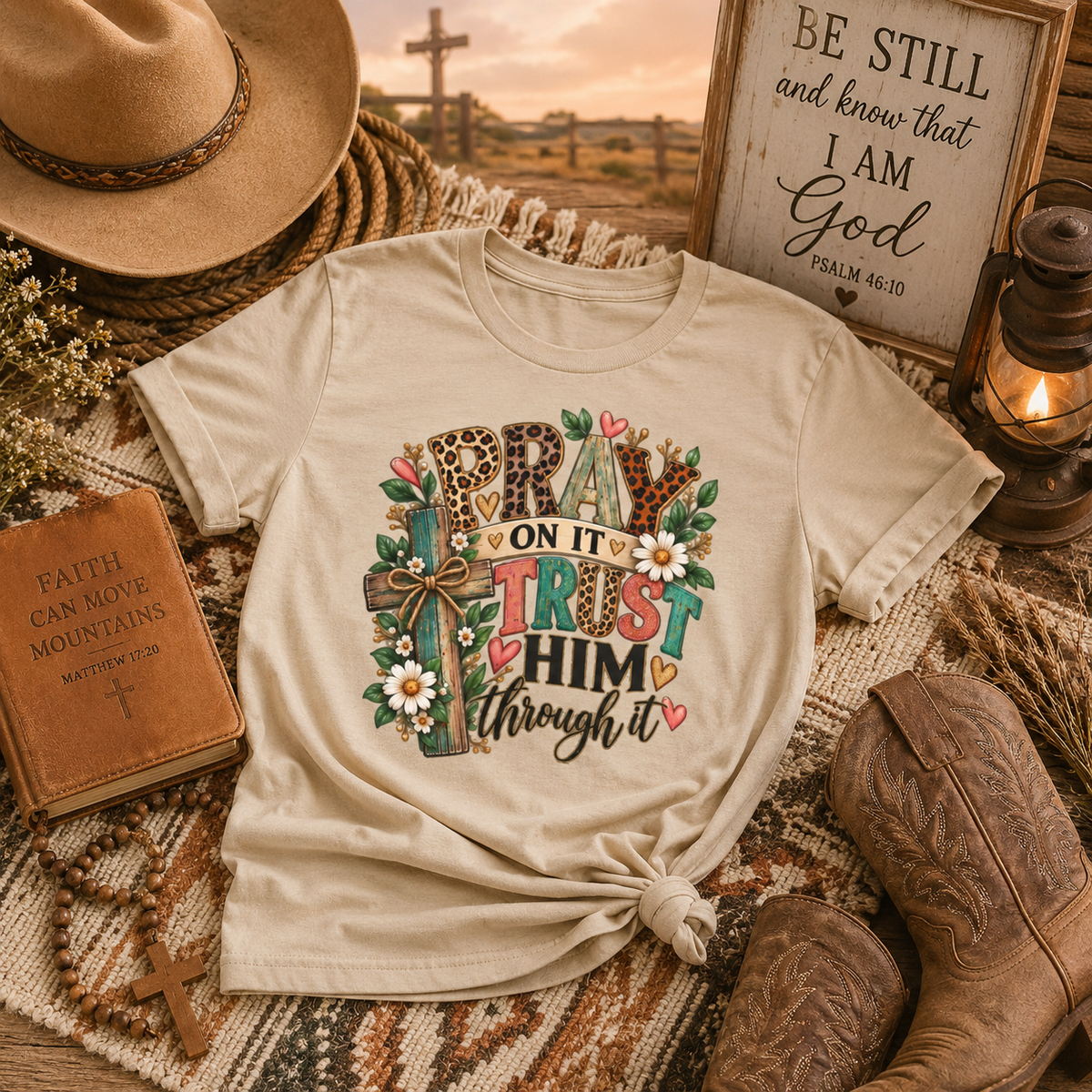 Prayer Cross Tee — "Pray On It, Trust Him Through It" Inspirational Christian T-Shirt