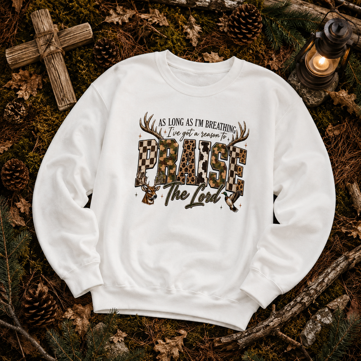 Praise The Lord Sweatshirt — Christian Deer Antler Graphic Crewneck
