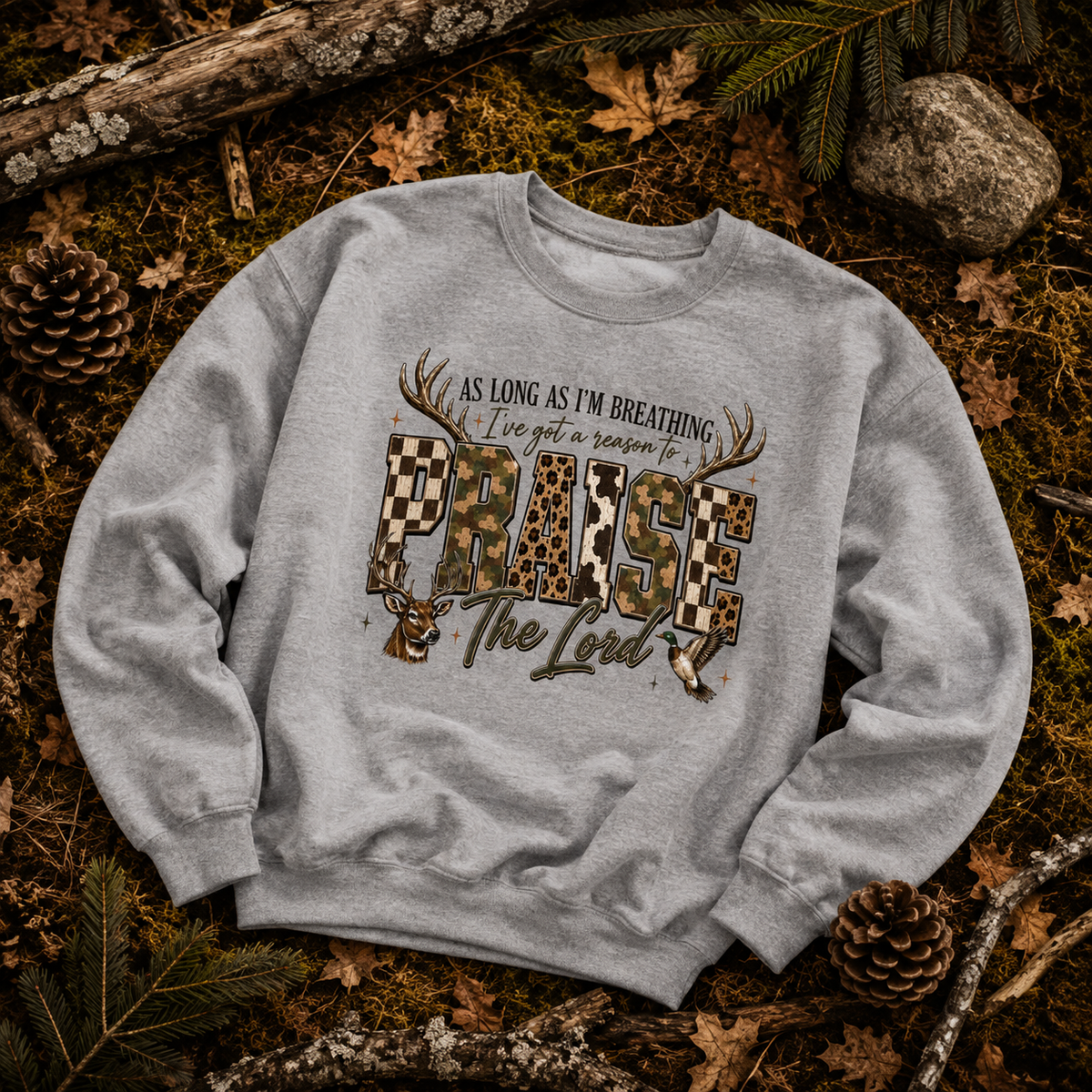 Praise The Lord Sweatshirt — Christian Deer Antler Graphic Crewneck