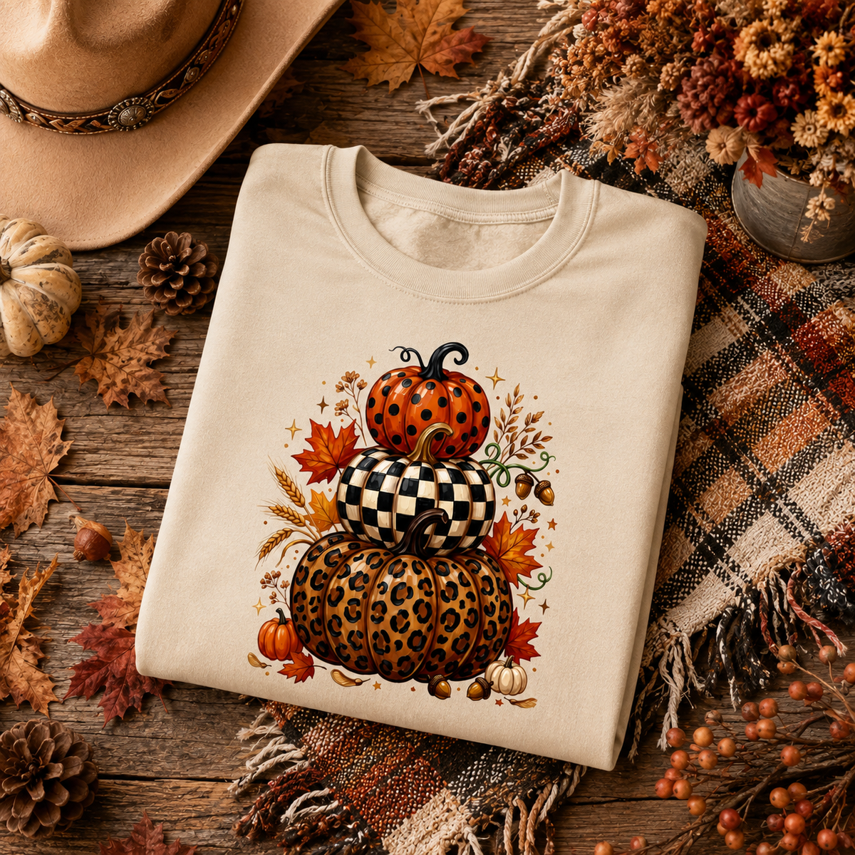 Stacked Fall Pumpkins Crewneck Sweatshirt — Leopard & Check Pumpkin Autumn Sweater