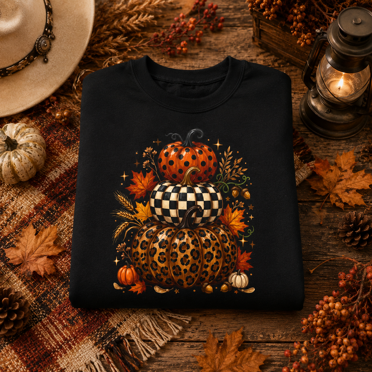 Stacked Fall Pumpkins Crewneck Sweatshirt — Leopard & Check Pumpkin Autumn Sweater