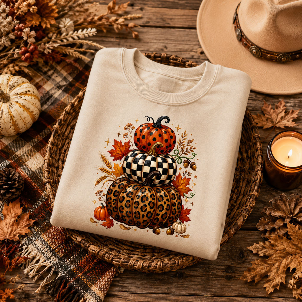 Stacked Fall Pumpkins Crewneck Sweatshirt — Leopard & Check Pumpkin Autumn Sweater