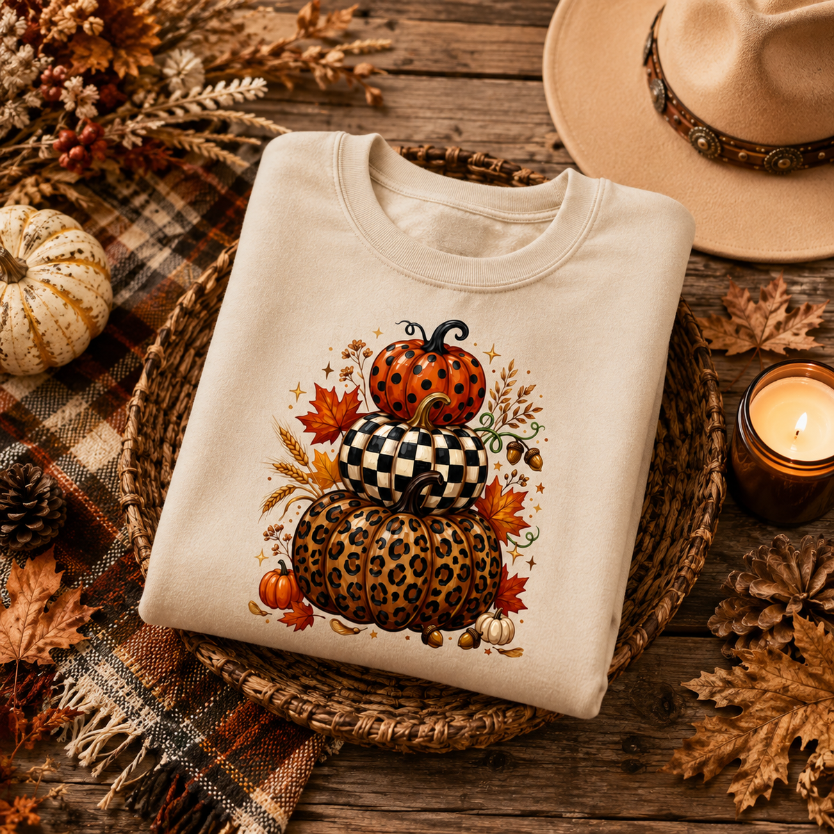 Stacked Fall Pumpkins Crewneck Sweatshirt — Leopard & Check Pumpkin Autumn Sweater