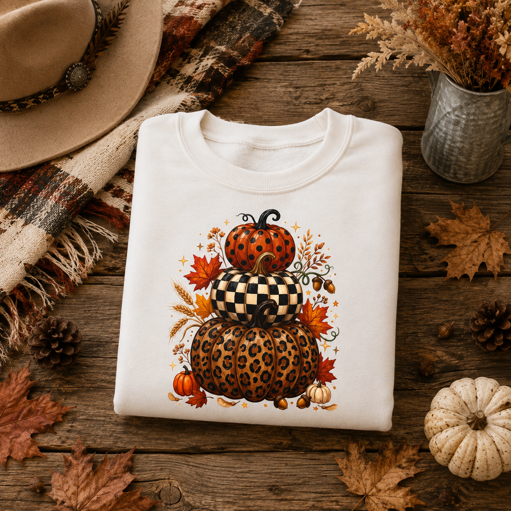 Stacked Fall Pumpkins Crewneck Sweatshirt — Leopard & Check Pumpkin Autumn Sweater
