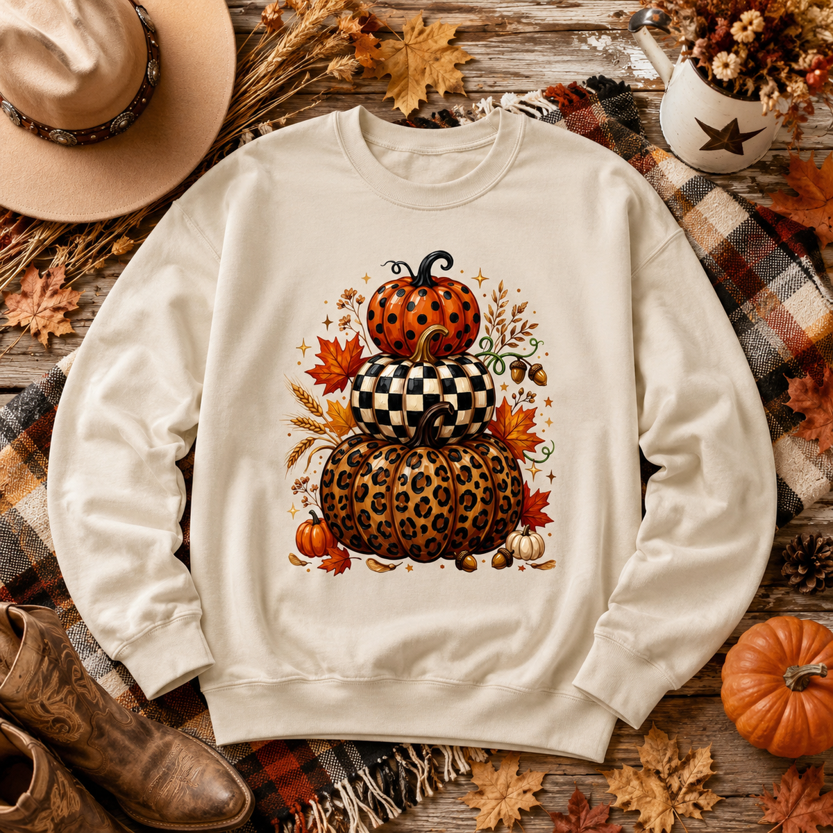 Stacked Fall Pumpkins Crewneck Sweatshirt — Leopard & Check Pumpkin Autumn Sweater
