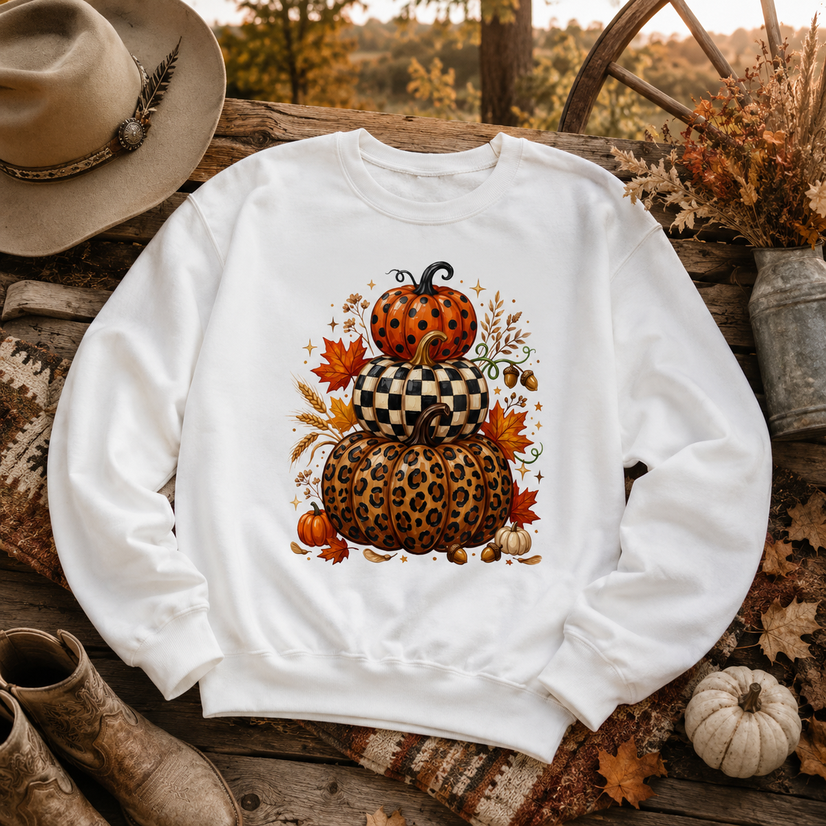 Stacked Fall Pumpkins Crewneck Sweatshirt — Leopard & Check Pumpkin Autumn Sweater