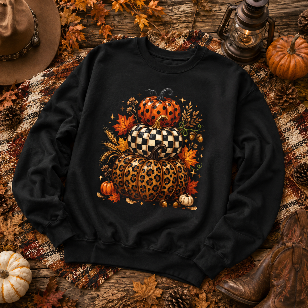 Stacked Fall Pumpkins Crewneck Sweatshirt — Leopard & Check Pumpkin Autumn Sweater