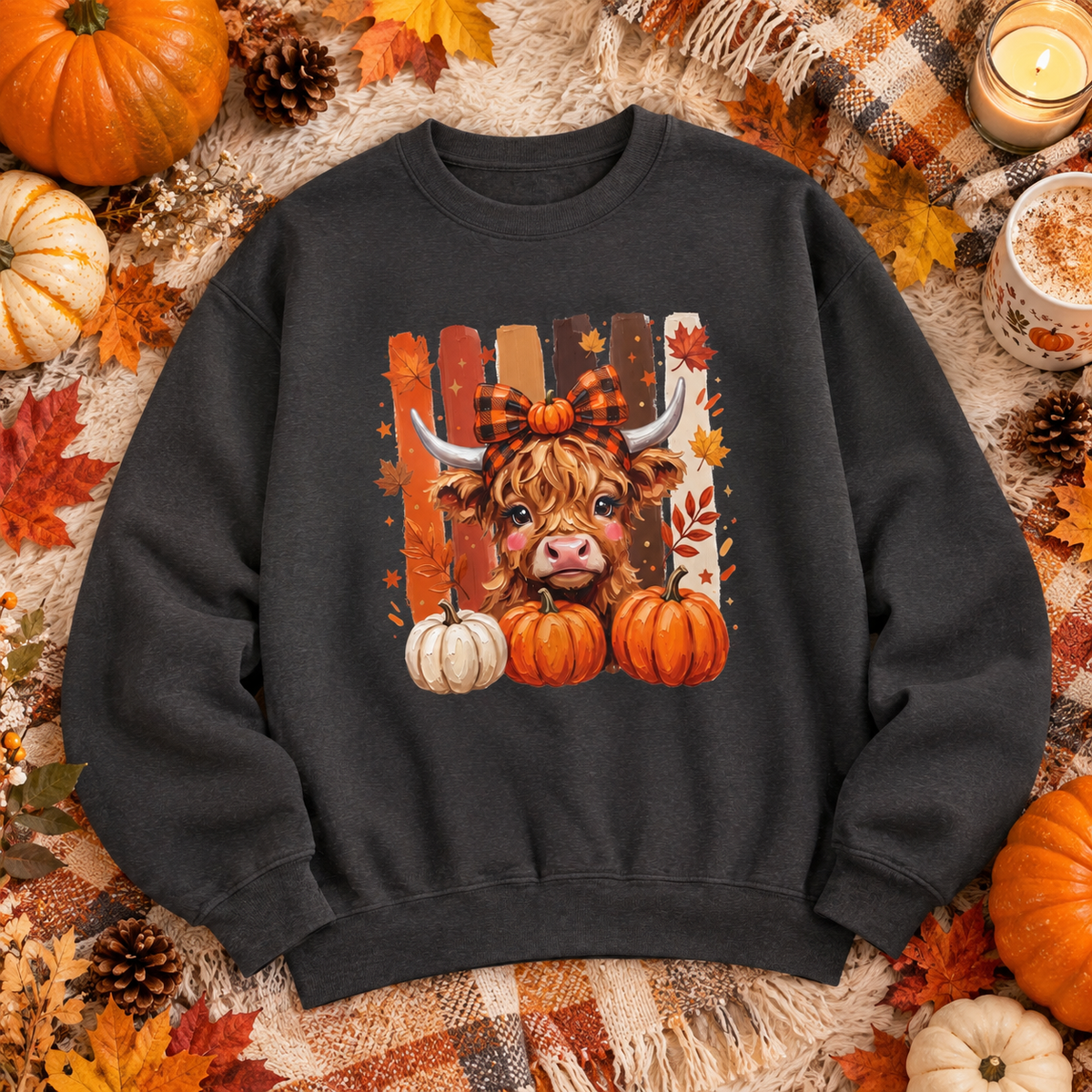 Autumn Highland Cow Pumpkin Sweatshirt — Cute Fall Cow Graphic Crewneck