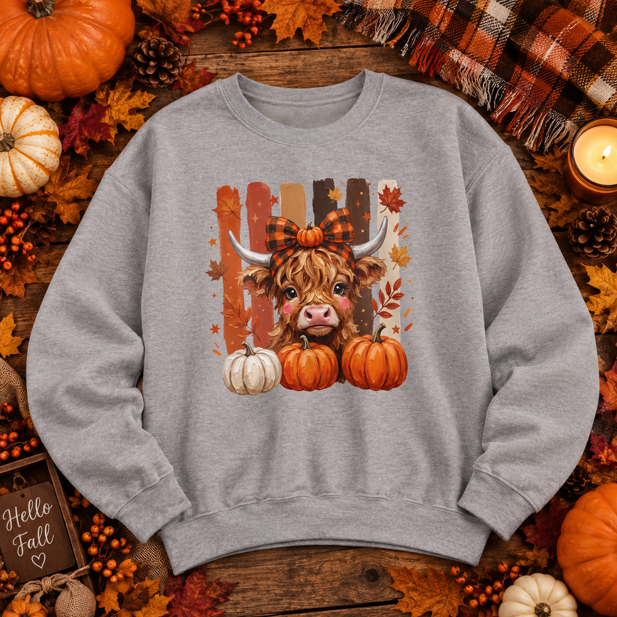 Autumn Highland Cow Pumpkin Sweatshirt — Cute Fall Cow Graphic Crewneck