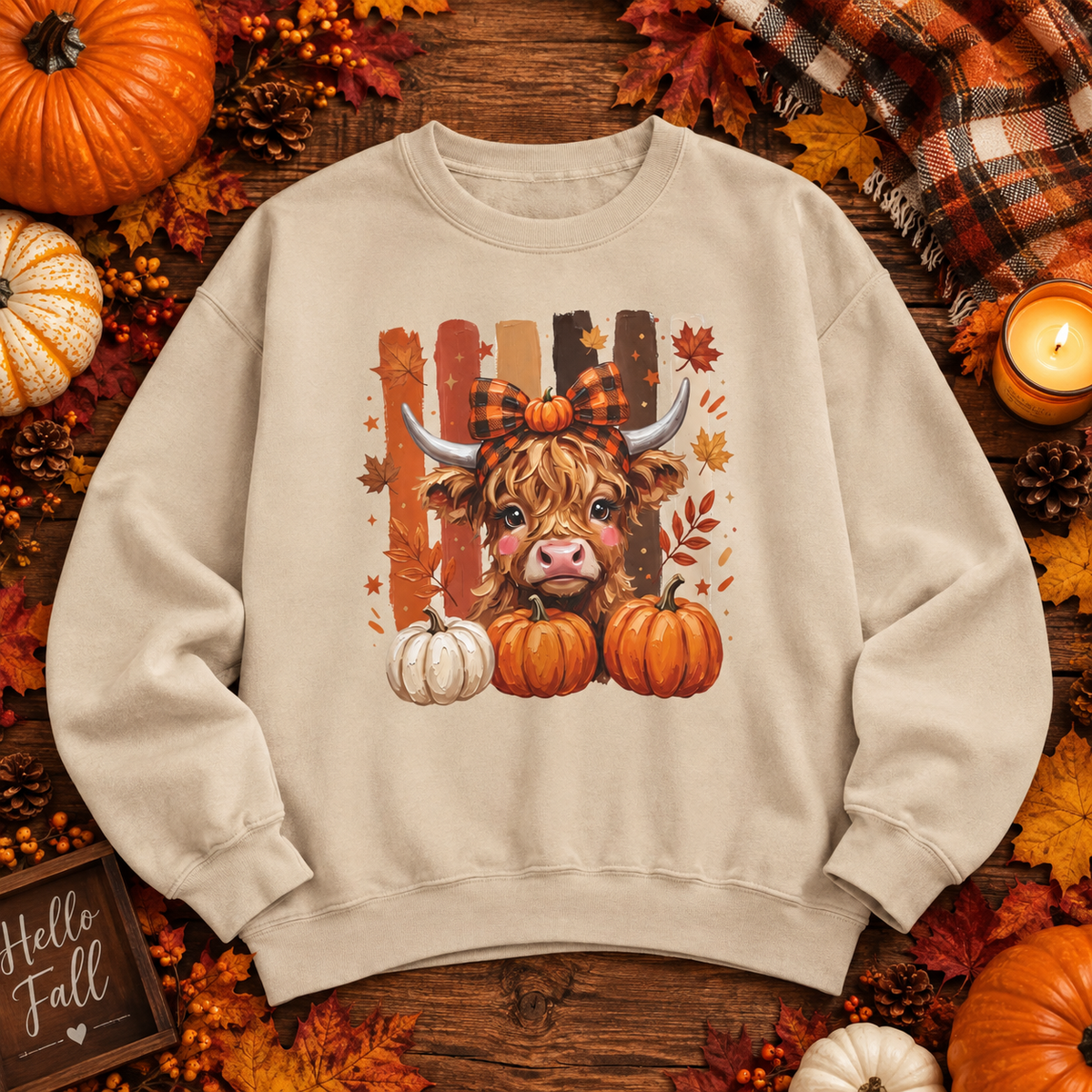 Autumn Highland Cow Pumpkin Sweatshirt — Cute Fall Cow Graphic Crewneck
