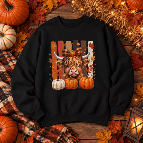 Autumn Highland Cow Pumpkin Sweatshirt — Cute Fall Cow Graphic Crewneck