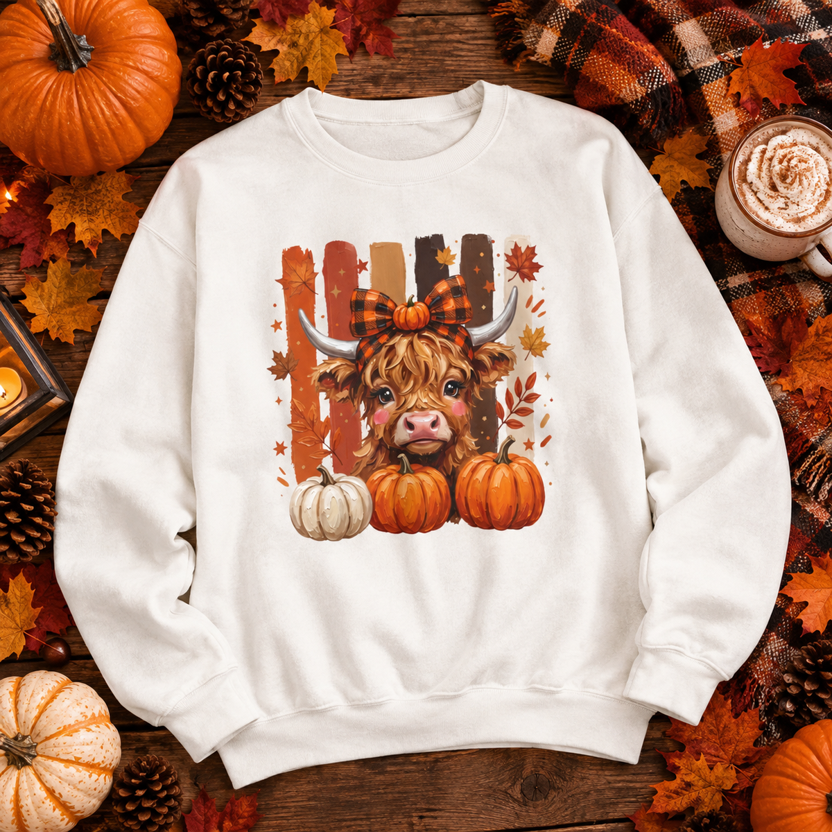 Autumn Highland Cow Pumpkin Sweatshirt — Cute Fall Cow Graphic Crewneck